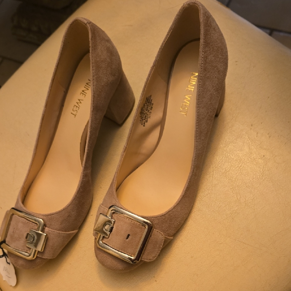 Nine West Taupe Suede Block Heel Pumps with Silver Buckle